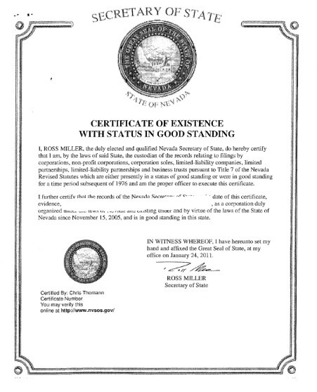 美国公司良好声誉证明/存续证明